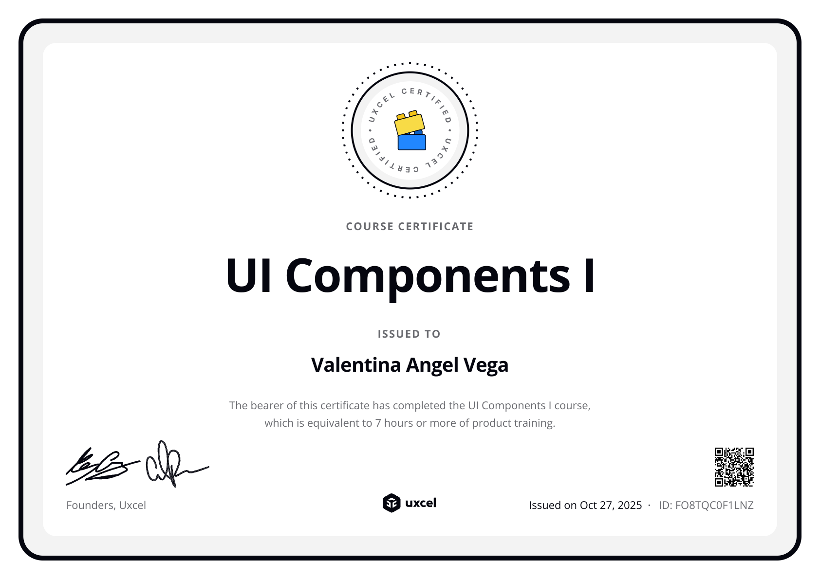 Valentina Angel Vega's certificate